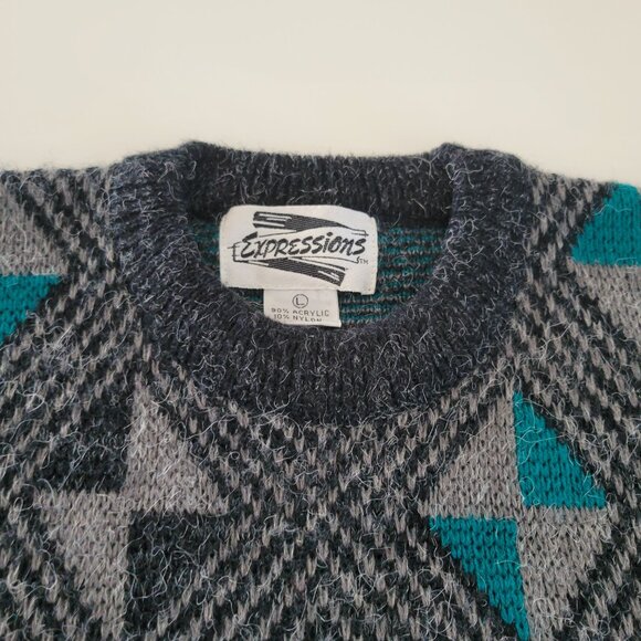 Vintage Expressions Geometric Acrylic Sweater Gray Turquoise Size Large EUC - Picture 9 of 11